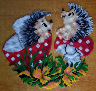 Mary G, Hedgehogs playing in autumn bounty. Hamabeads. 10.20.jpg